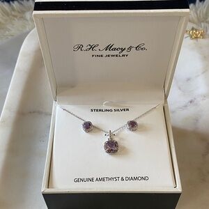 NWT Elegant Sterling Silver Genuine Amethyst and Diamond Necklace & Earrings Set